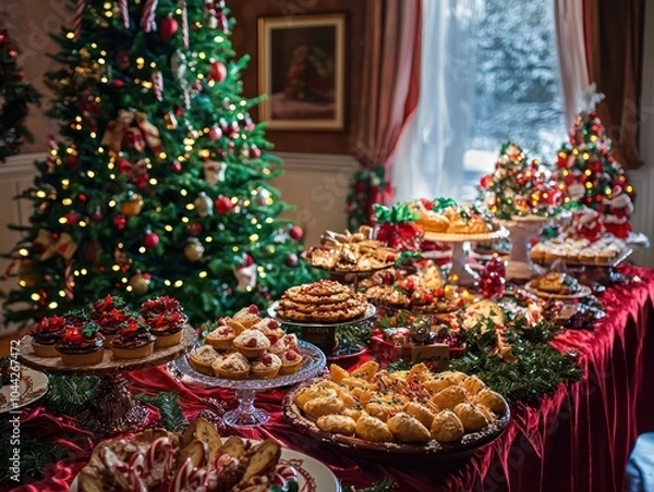 Fototapeta A festive Christmas party scene with a large tree, colorful decorations, and a table full holiday goodies