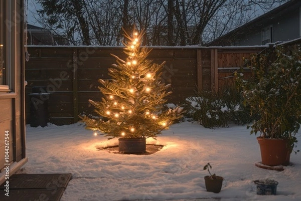 Fototapeta A Christmas tree placed on a snowy patio, glowing with soft outdoor lights