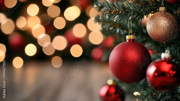 Obraz Red and Gold Christmas Ornaments Close-Up