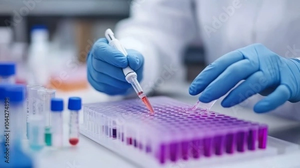Obraz A scientist in blue gloves uses a pipette to transfer liquid from a test tube to a microplate.