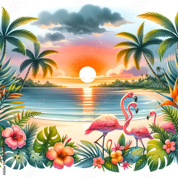 Fototapeta Tropical beach scene with flamingo, palm trees, and a stunning sunset, perfect for vacation vibes.
Beautiful watercolor illustration of an exotic paradise with vibrant flowers and ocean waves.