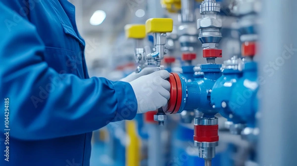 Fototapeta A technician adjusting valves on blue industrial piping in a factory setting, wearing gloves and a blue uniform, showcasing precision in maintenance.