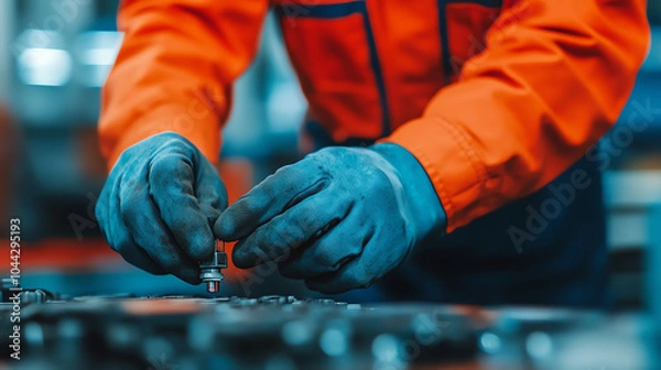 Fototapeta Worker in safety gloves assembling machine parts in a manufacturing workshop.