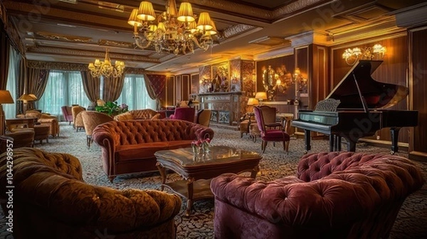 Fototapeta Elegant Lounge with Plush Sofas and Warm Ambiance