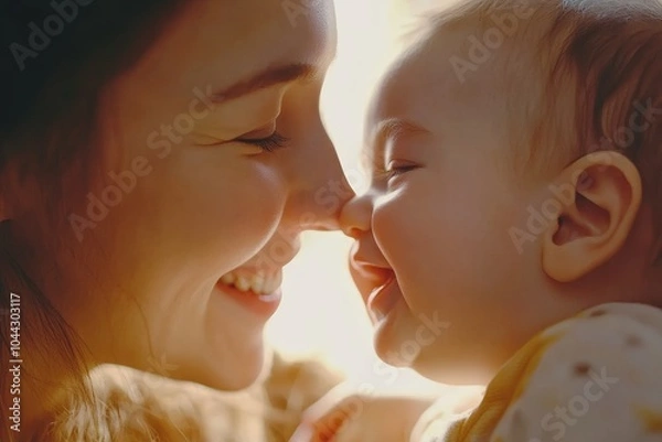 Fototapeta Tender moment of joy  a loving mother and baby connect in a close up embrace at home