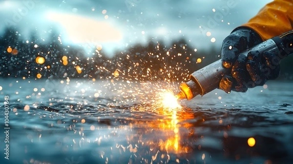 Fototapeta Closeup view of an underwater welder s torch