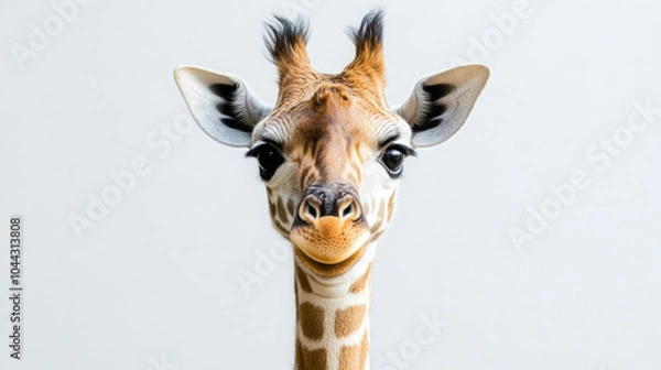 Fototapeta A cheerful young giraffe showcasing its distinctive spots and charming expression.