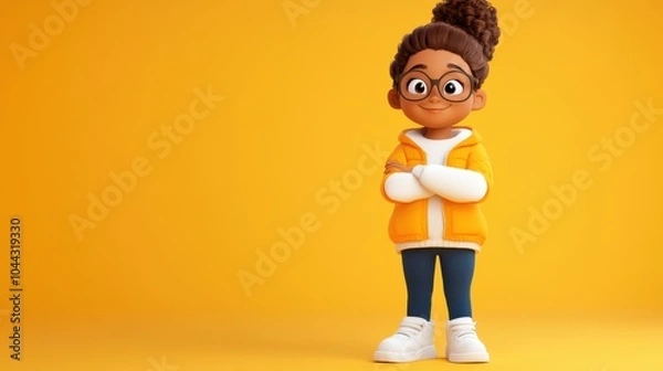 Fototapeta A young animated girl with a bright yellow jacket, curly hair, and glasses stands with arms crossed, showcasing a relaxed and approachable demeanor.