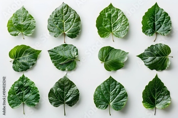 Fototapeta A bunch of green leaves sitting on top of a white surface