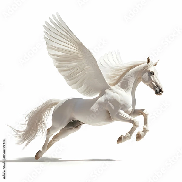 Obraz White Pegasus Flying in White Background, horse, mythical, creature, wings, fantasy