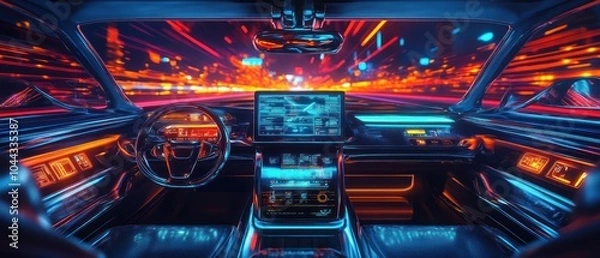 Obraz Futuristic car interior with vibrant lighting and advanced technology display.