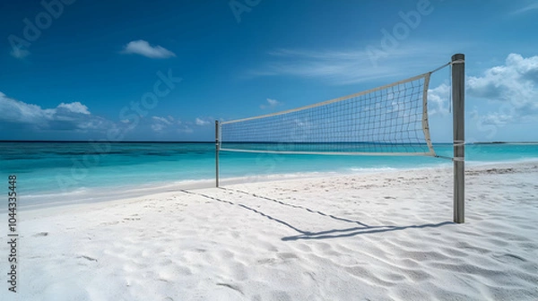Fototapeta Beach Volleyball Net on White Sand Beach, turquoise water, ocean, sky, clouds, summer