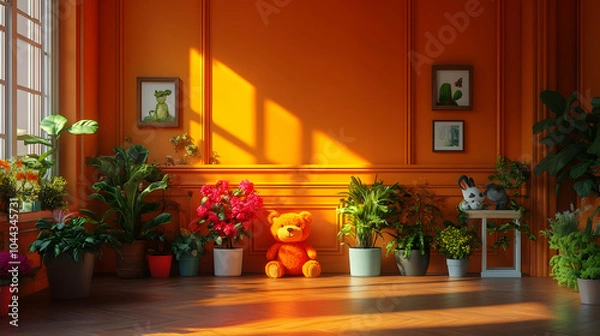 Fototapeta Sunny Living Room with Plants and Teddy Bear, orange wall, interior design, home decor, houseplant, green plants