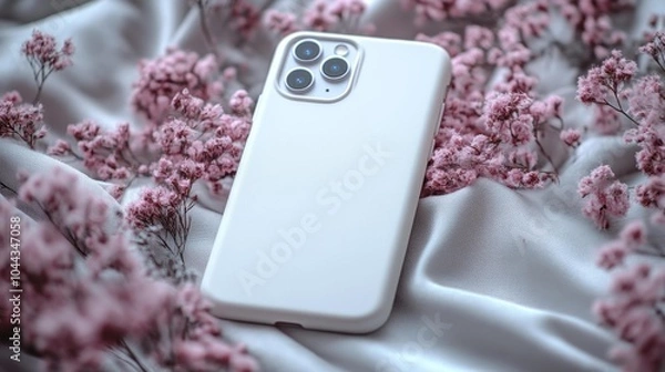 Fototapeta White silicone phone case with floral design on a soft fabric background ideal for mockups or branding presentations. Generative AI