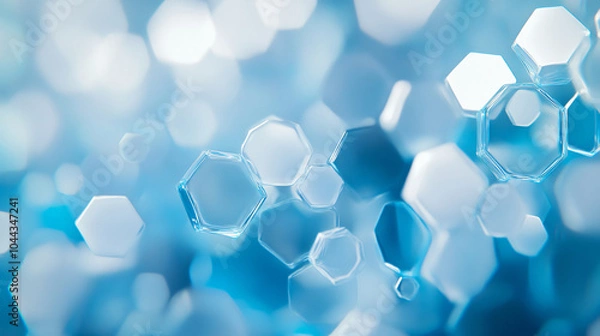 Fototapeta A macro image showcases a vibrant blue background filled with various hexagonal and round bubbles, creating a visually striking abstract design for graphic resources.