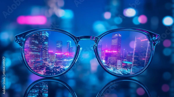 Fototapeta A pair of stylish glasses reflecting a vibrant city skyline with neon lights, creating a captivating and colorful scene that embodies urban life for lifestyle.