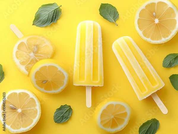 Fototapeta Lemon Fruit Popsicles Photo: Summer Refreshment with Mint on Yellow Background
