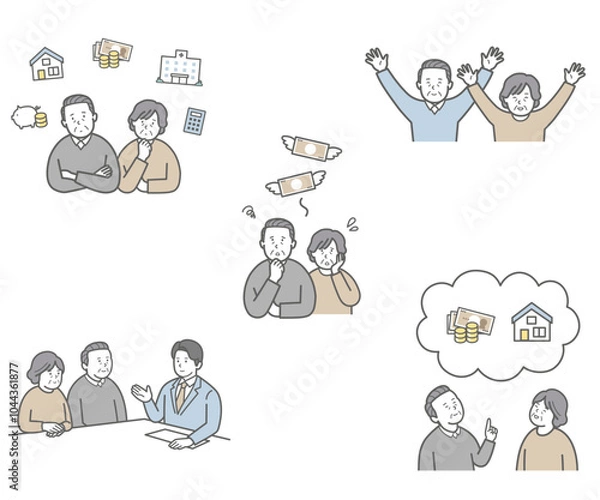 Fototapeta シニア夫婦のお金、資産運用、老後資金についてのイラストセット