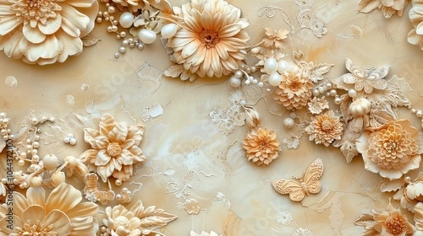 Fototapeta Whimsical floral fantasy featuring marigolds, chrysanthemums, and dahlias with fairies perched among petals, enhanced by tiny bows and pearls for an enchanting touch.