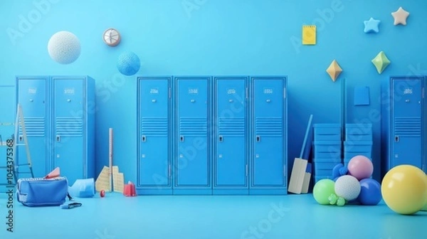 Fototapeta A vibrant blue locker room filled with colorful objects and sports equipment.