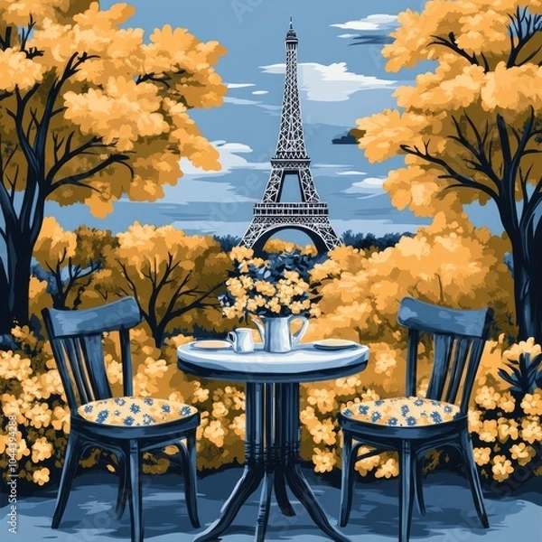Fototapeta A picturesque caf? scene with the Eiffel Tower surrounded by autumn foliage.