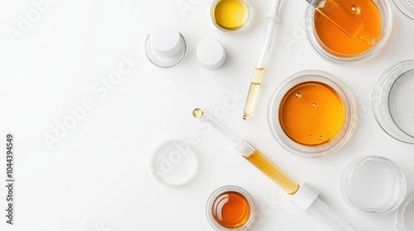 Fototapeta Flat lay of cosmetic ingredients in petri dishes with drops of liquid serum on a clean laboratory surface