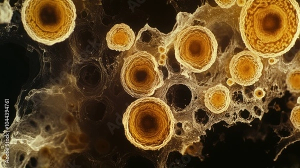 Fototapeta Ancient microbes under microscope reveal intricate cellular structures, showcasing their mysterious and ancient nature, ideal for scientific and educational content.