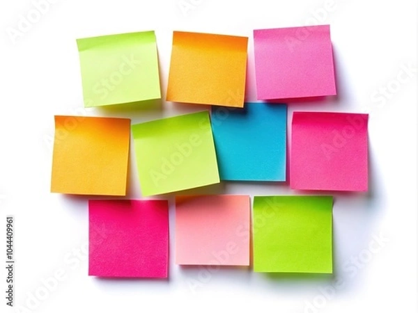Fototapeta A cluster of bright, colorful sticky notes rest on a white background, featuring empty spaces ideal for personalized messages, reminders, or creative ideas.