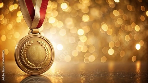 Obraz Reflected gold medal on brown background with bokeh lights