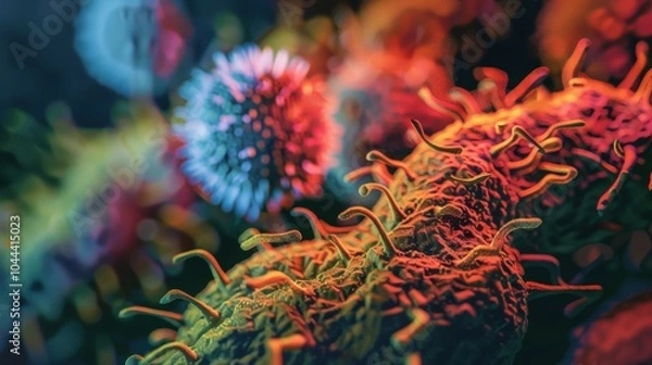 Obraz Ancient microbes under microscope reveal intricate cellular structures, showcasing their mysterious and ancient nature, ideal for scientific and educational content.