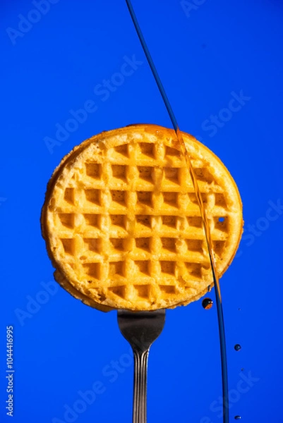 Fototapeta Waffle on Fork with Syrup Dripping Down