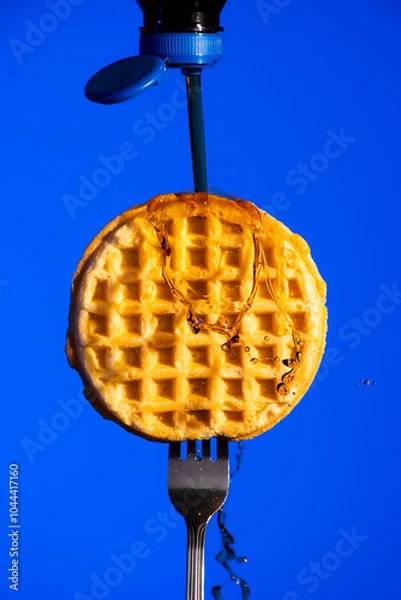 Fototapeta Waffle on Fork with Syrup Dripping Down
