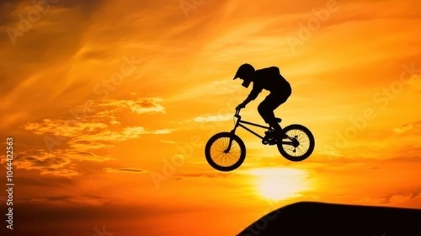 Fototapeta A BMX rider performs an impressive jump against a vibrant sunset backdrop, showcasing the thrill of extreme sports.