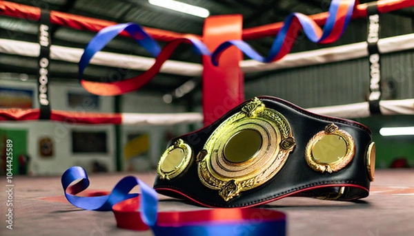 Obraz Realistic Championship Belt with Intricate Gold Engravings in a Boxing Arena, Surrounded by Colorful Floating Ribbons