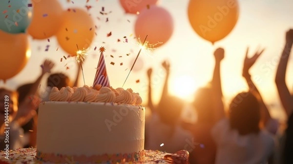 Obraz A joyful birthday celebration with a colorful cake, vibrant balloons, and cheerful people enjoying a sunset party filled with laughter and excitement.