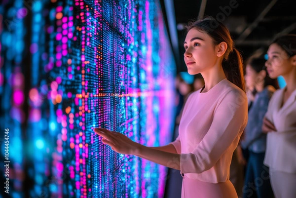 Obraz Woman Interacting with Interactive Wall