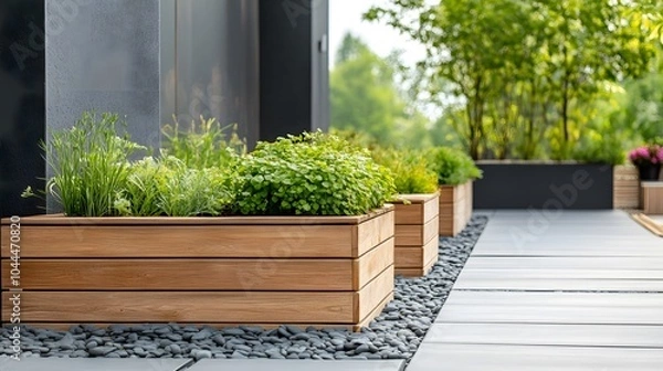 Fototapeta A small rooftop garden with simple wooden planters arranged in neat rows