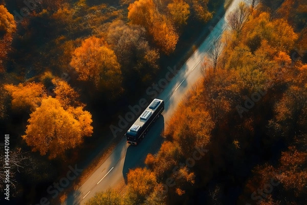 Fototapeta Aerial shot of shuttle bus vehicle driving along the road through wooded landscape in autumn