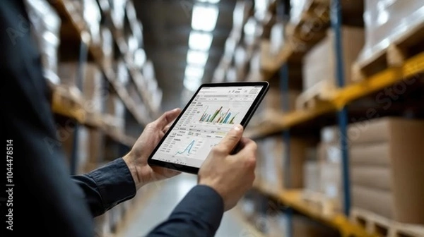 Obraz A warehouse worker holds an iPad displaying important inventory data and charts, showcasing the integration of technology in logistics management and operations.