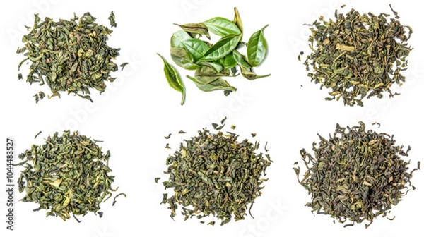 Fototapeta Assorted Green Tea Leaves Arranged on a Transparent Background Generative AI