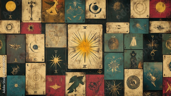 Fototapeta Detailed tarot cards array with various symbols and illustrations for divination and mystical practices