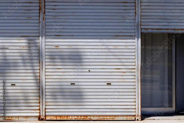 Obraz レトロで古く錆びたシャッター商店街の店先と入口