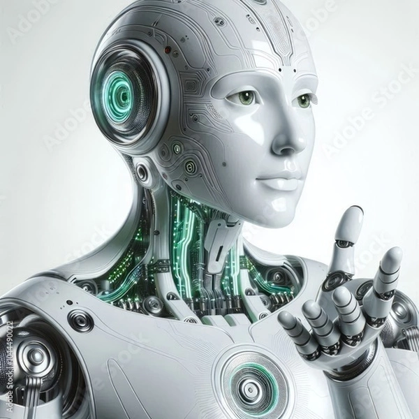 Fototapeta Futuristic Humanoid Robot with Outstretched Arm: Symbol of Artificial Intelligence, Human-Robot Collaboration, Machine Learning, and Intelligent Automation in Modern Technology