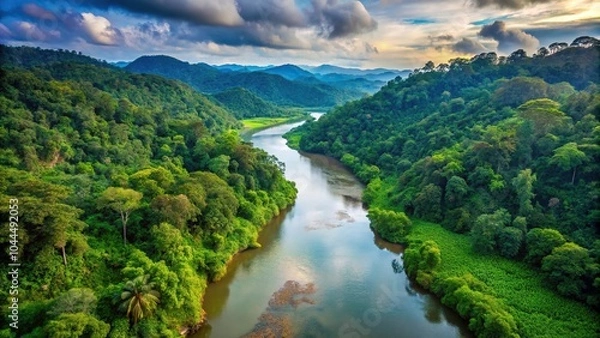 Fototapeta Scenic river flowing through dense forest from high angle