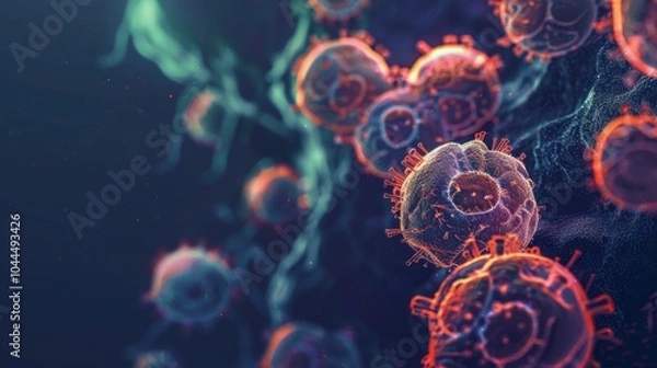 Fototapeta Ancient microbes under microscope reveal intricate cellular structures, showcasing their mysterious and ancient nature, ideal for scientific and educational content.