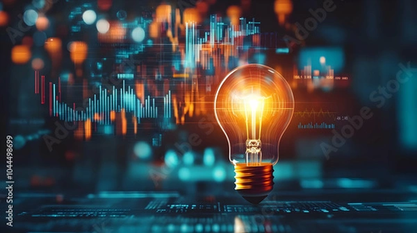 Fototapeta Glowing Bulb and Data Graphs in Digital Environment