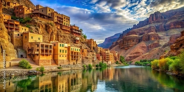 Fototapeta Scenic view of buildings along river in canyon with shallow depth of field