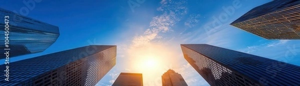 Obraz Skyscrapers against a blue sky with the sun shining bright.