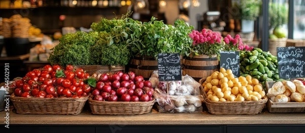 Fototapeta Fresh produce on display in a market, featuring tomatoes, red onions, potatoes, and garlic.