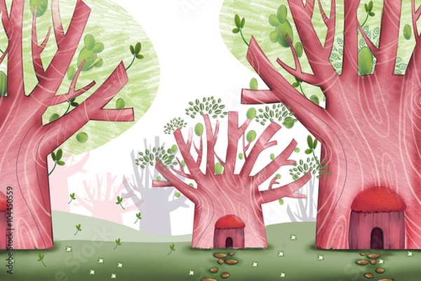 Obraz Creative Illustration and Innovative Art: Forest Residents Areas. Realistic Fantastic Cartoon Style Artwork Scene, Wallpaper, Story Background, Card Design 
